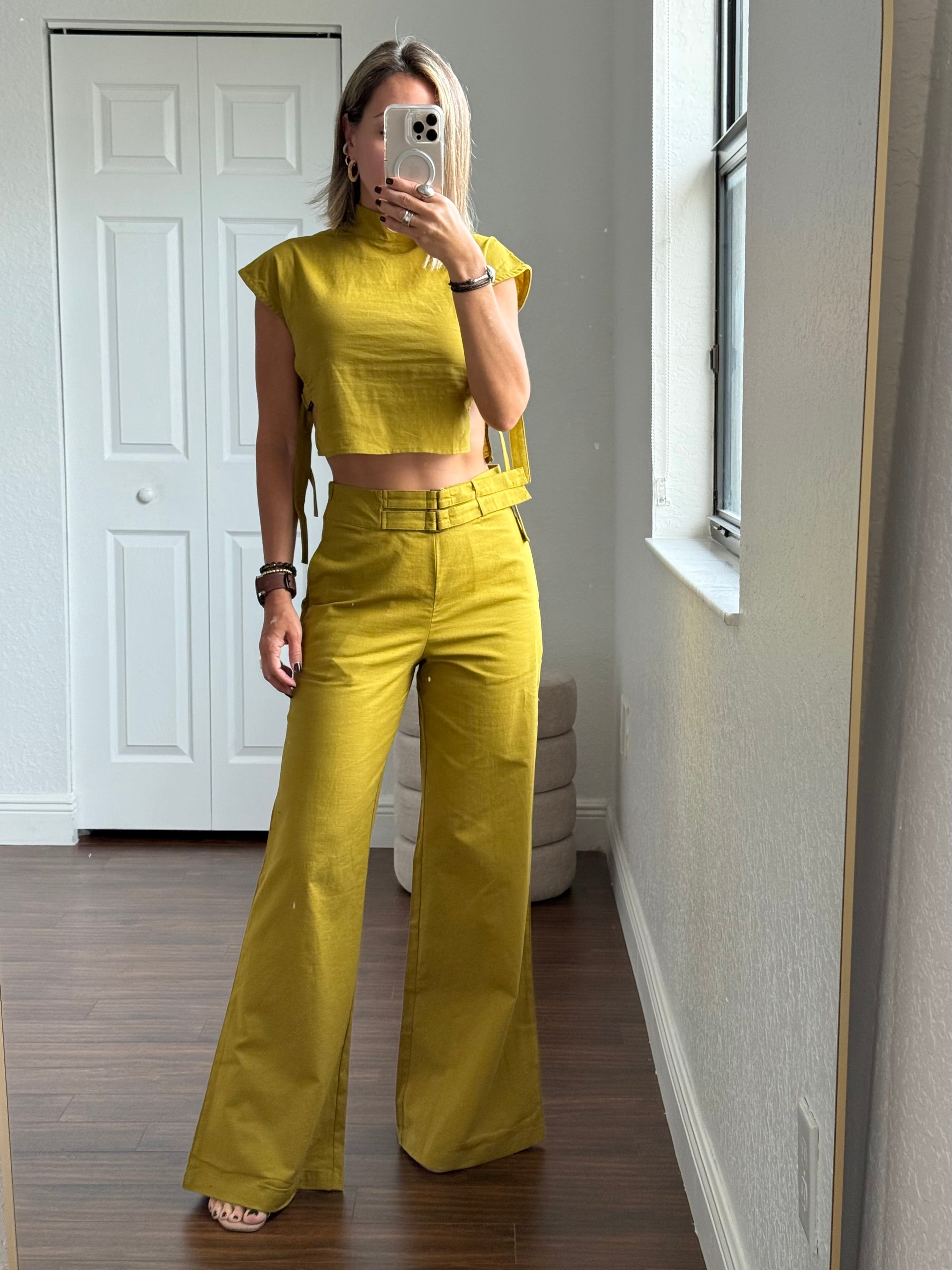 Pistachio Green Linen Set – High-Neck Top & Pants
