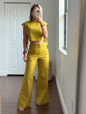 Pistachio Green Linen Set – High-Neck Top & Pants