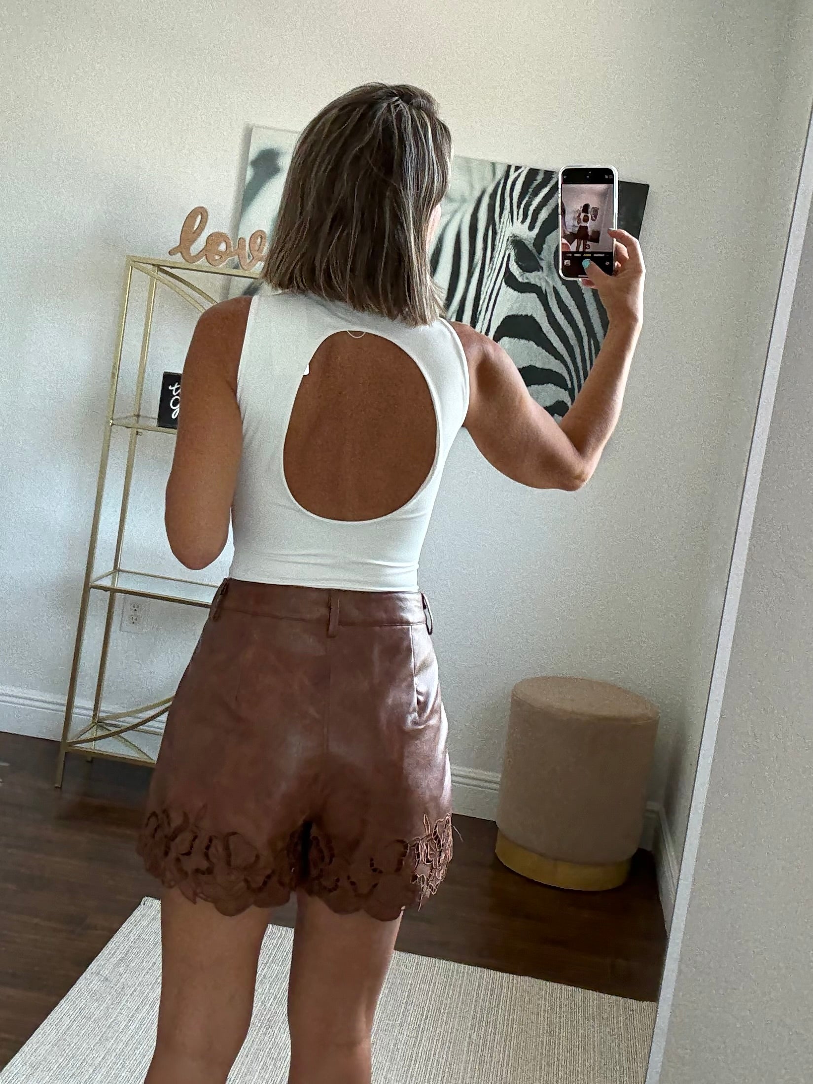Embroidered Leather Shorts with Golden Button