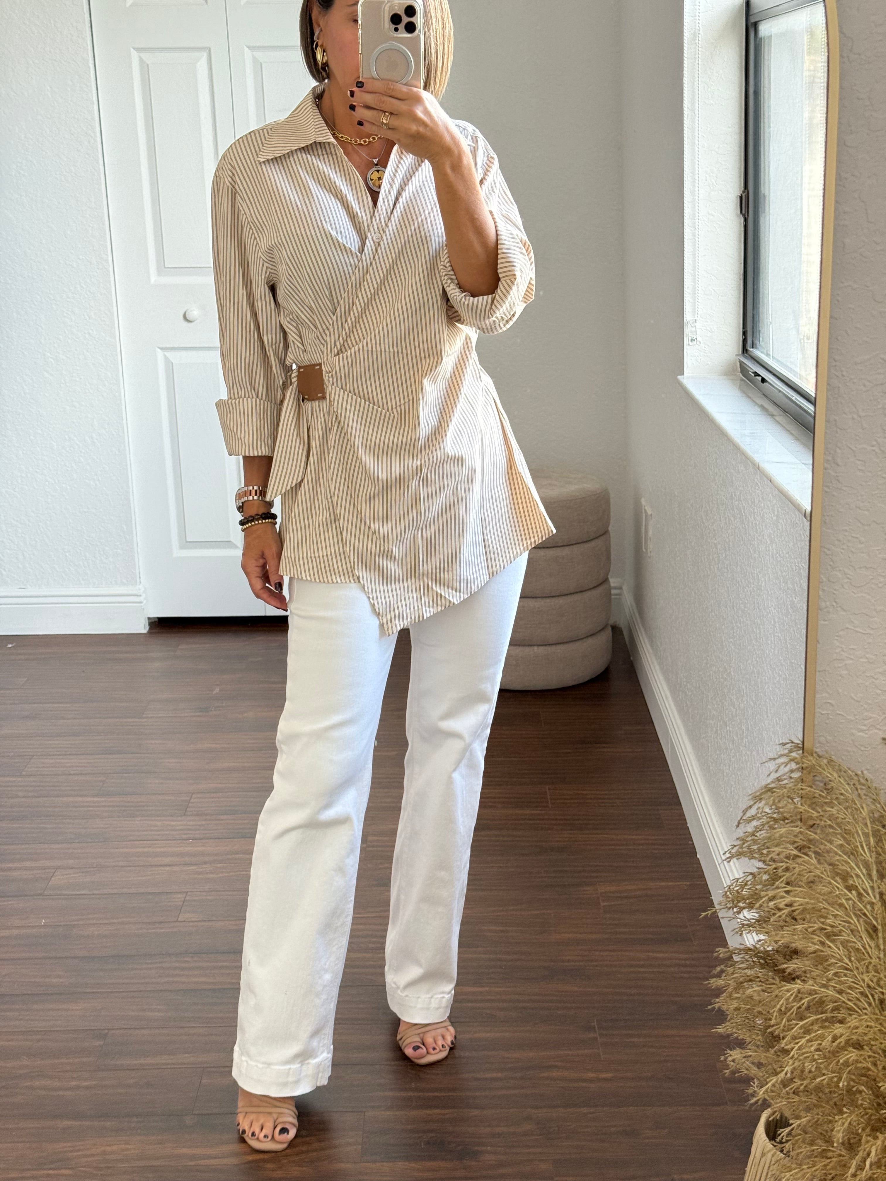 Striped Wrap Blouse with Leather Detail