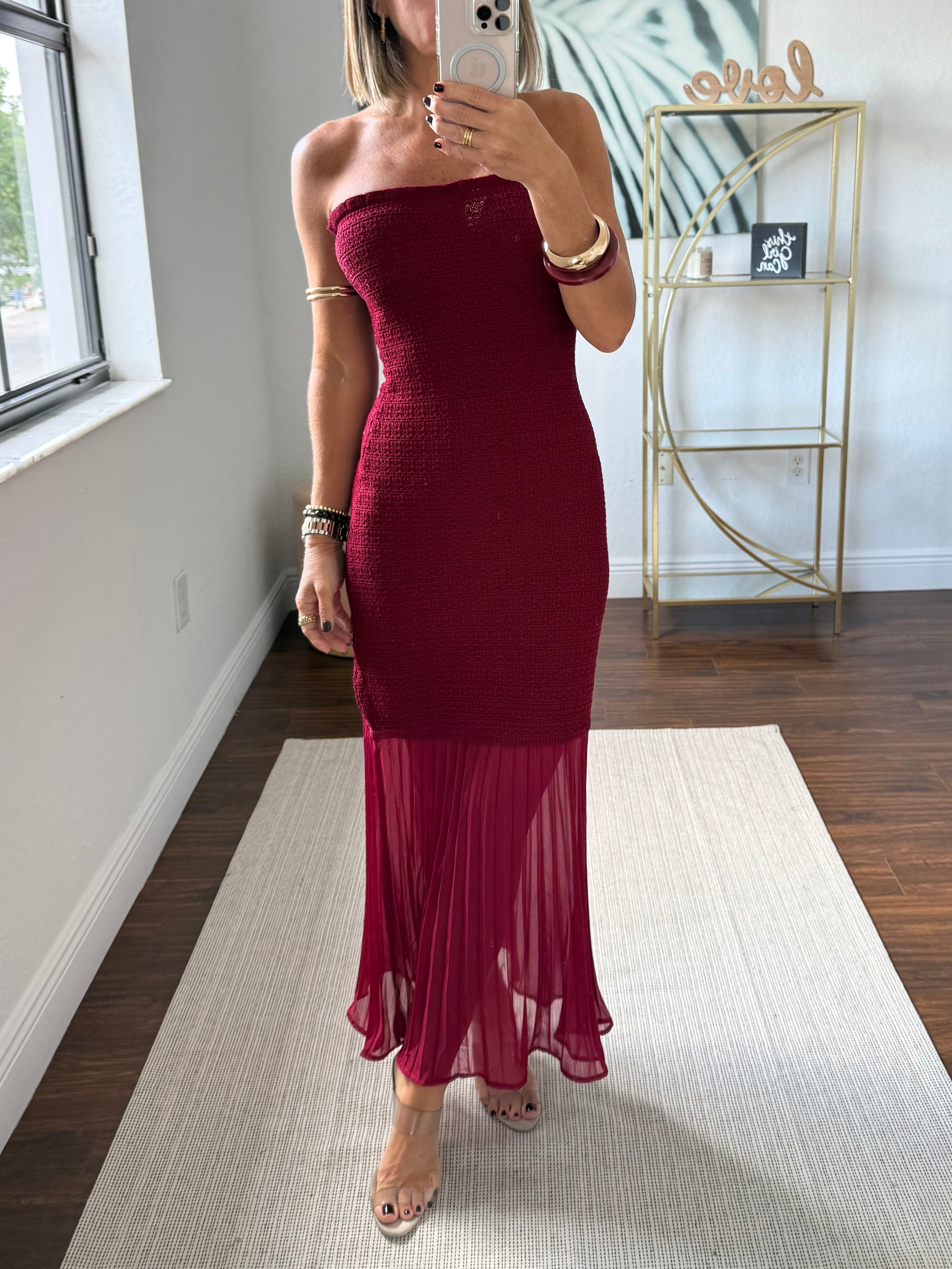 Burgundy Strapless Pleated Dress