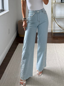Light Blue Denim Jeans with Embroidery & Gemstone Detail