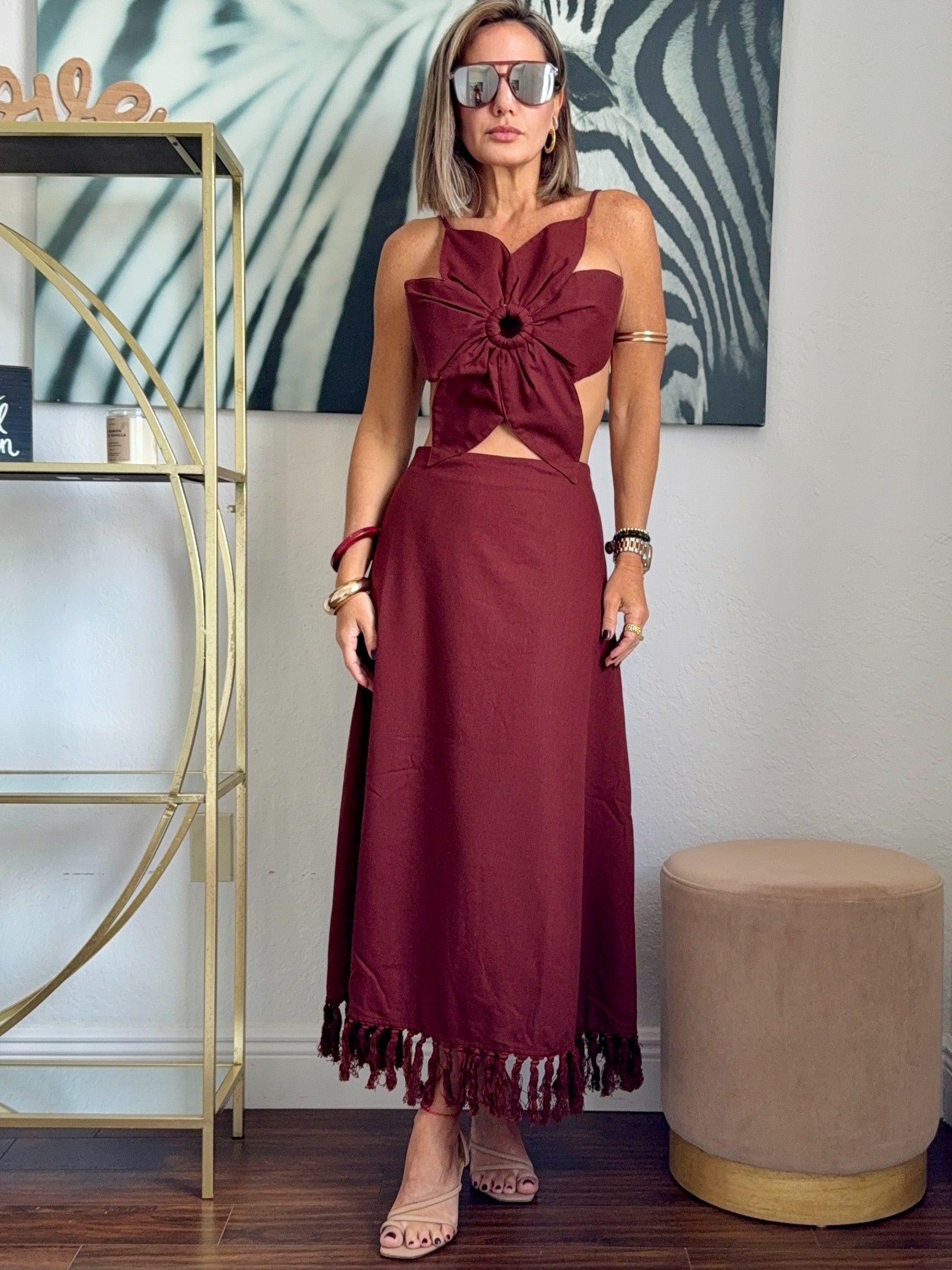 Mocha Linen Dress with Floral Detail – Modern Sophistication
