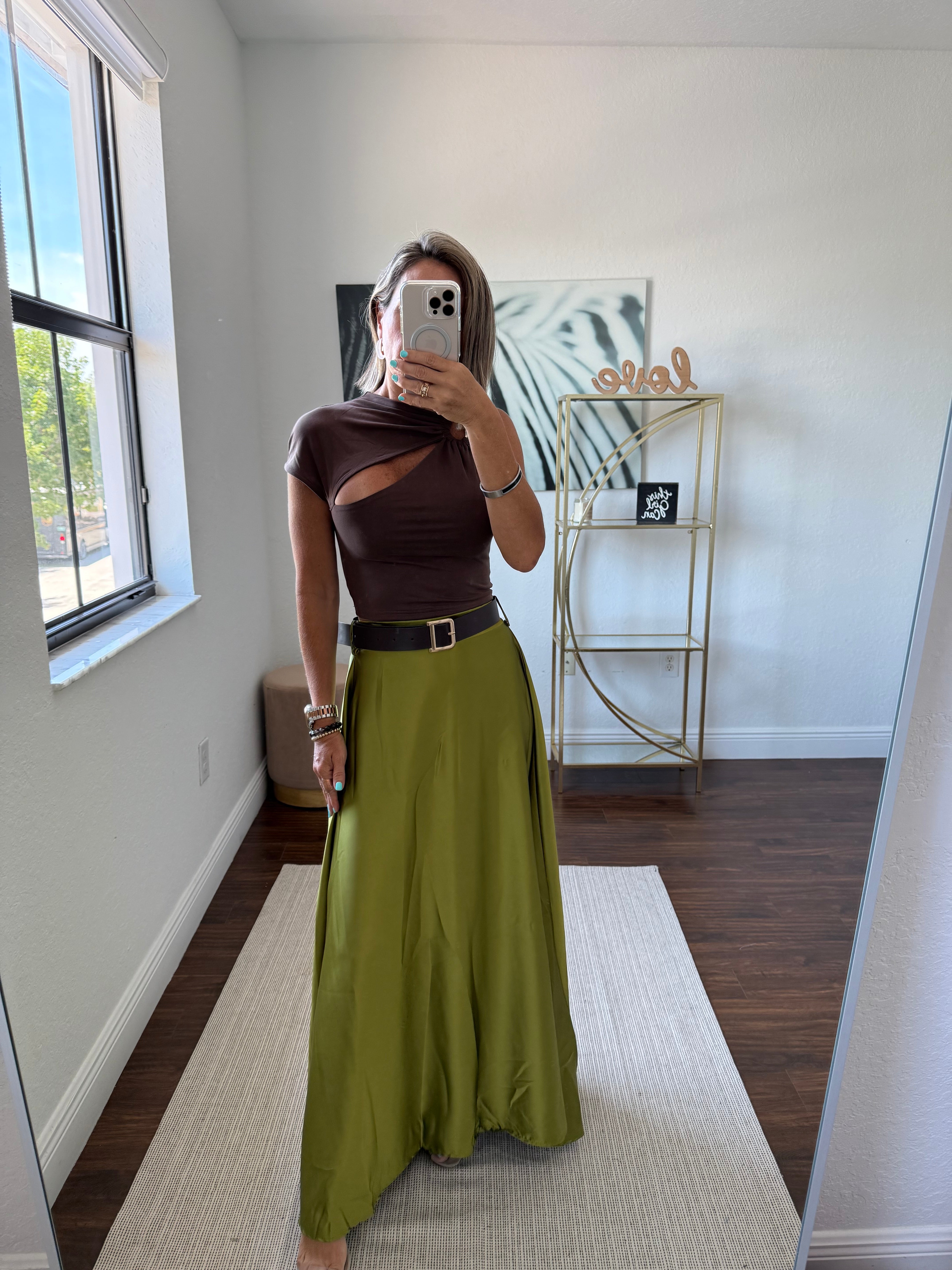 Long Satin Skirt with Decorative Belt