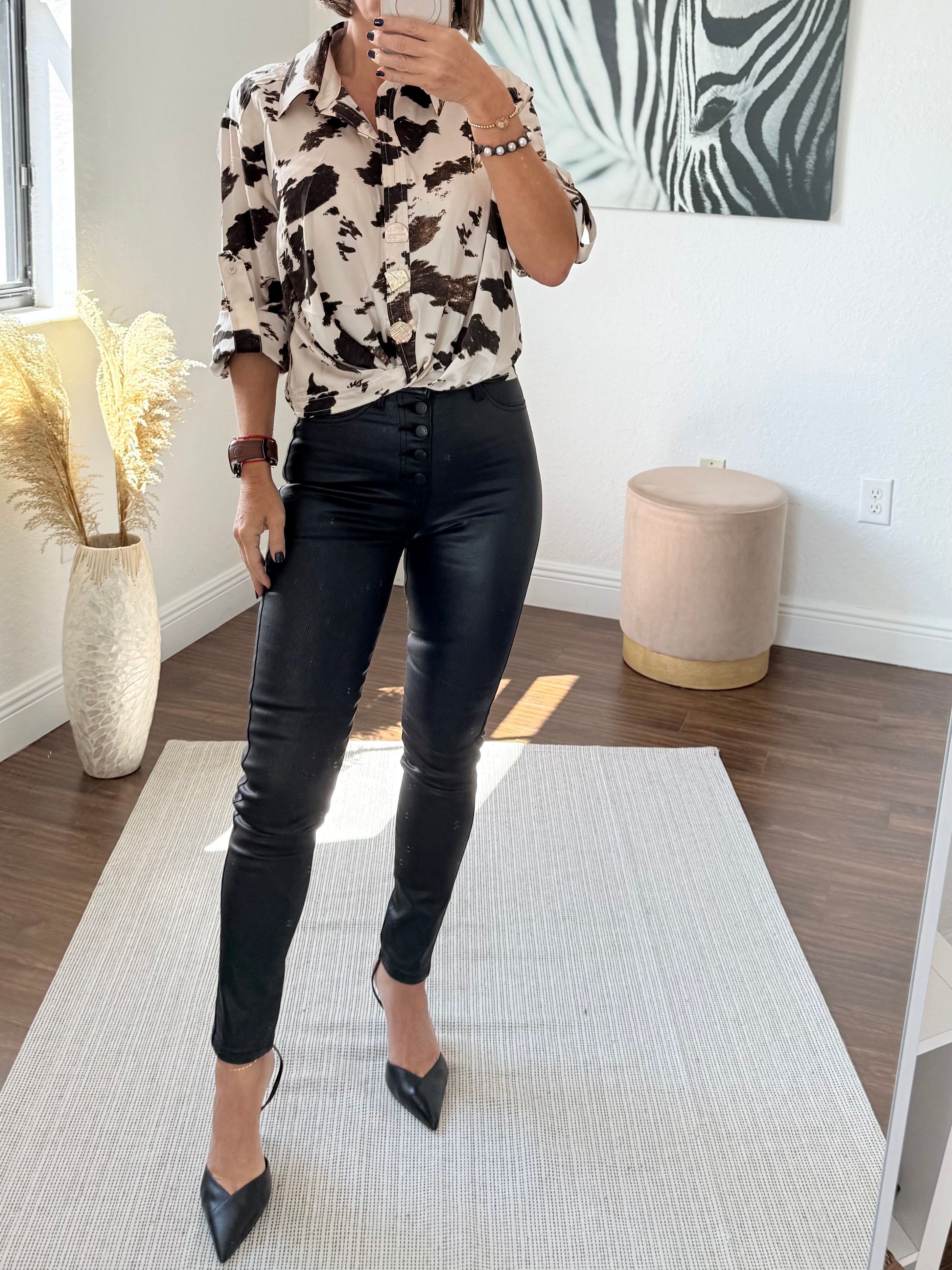 Shiny Silk Blouse – Cow Print with Gold Buttons