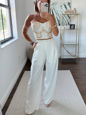Strapless Corset & Pant Set with Embroidery and Wooden Details – White Elegance