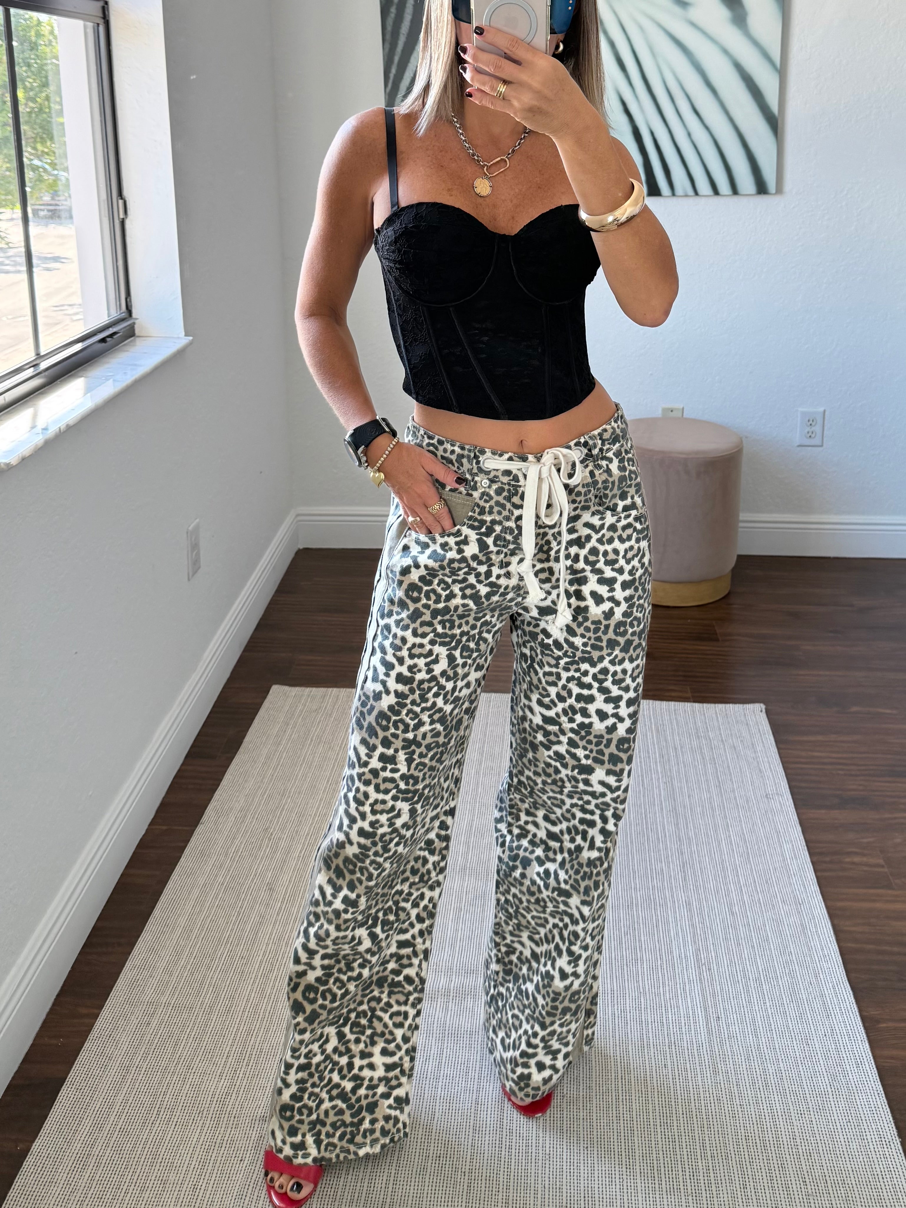 Black Animal  print Mesh Corset Top with Adjustable Straps