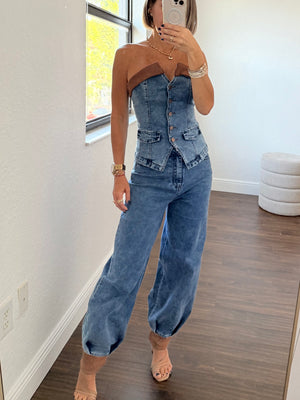 Aladdin-Style Denim Set with Leather Details