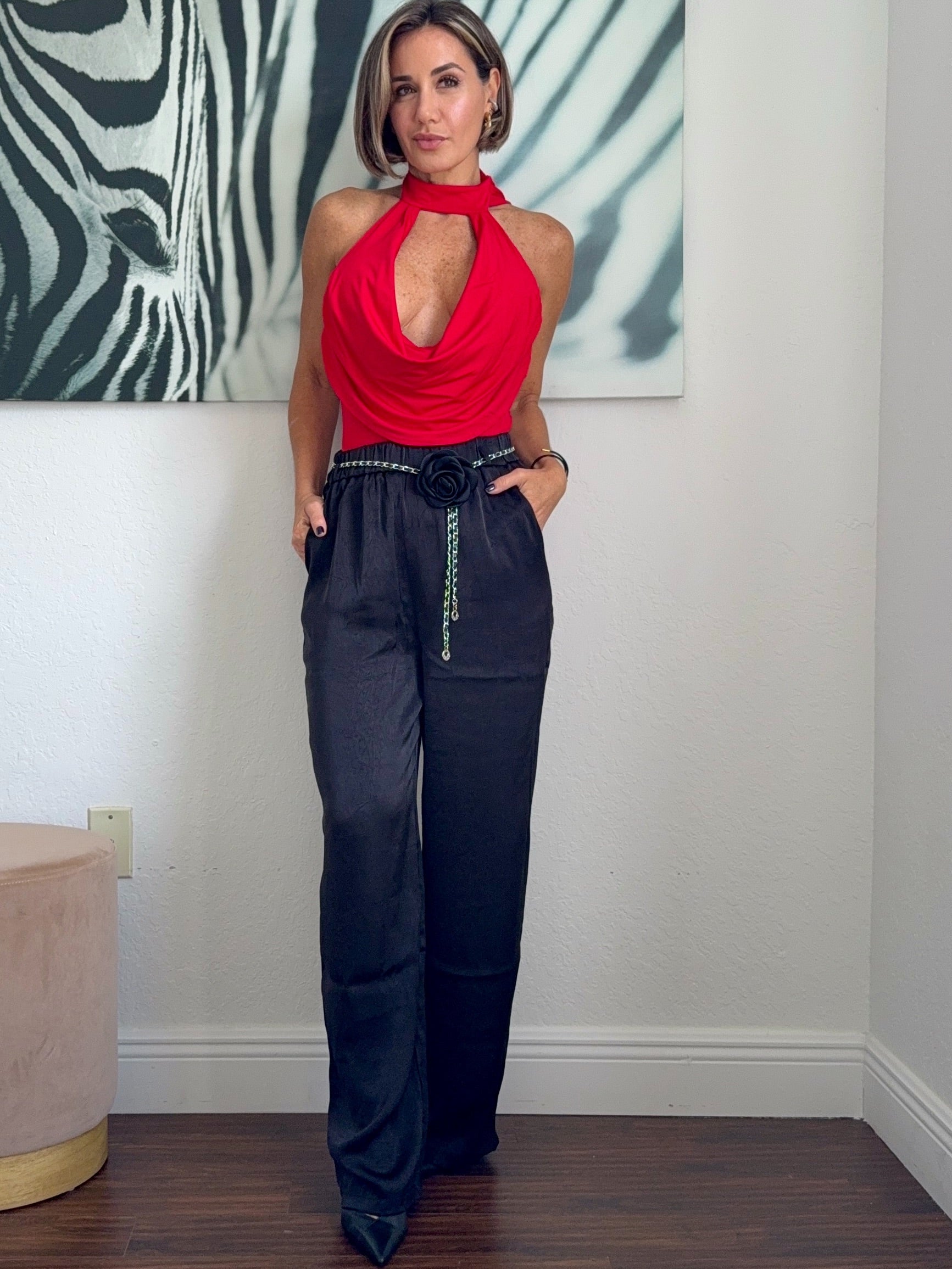 Red  Elegant Bodysuit with Unique Neckline Detail