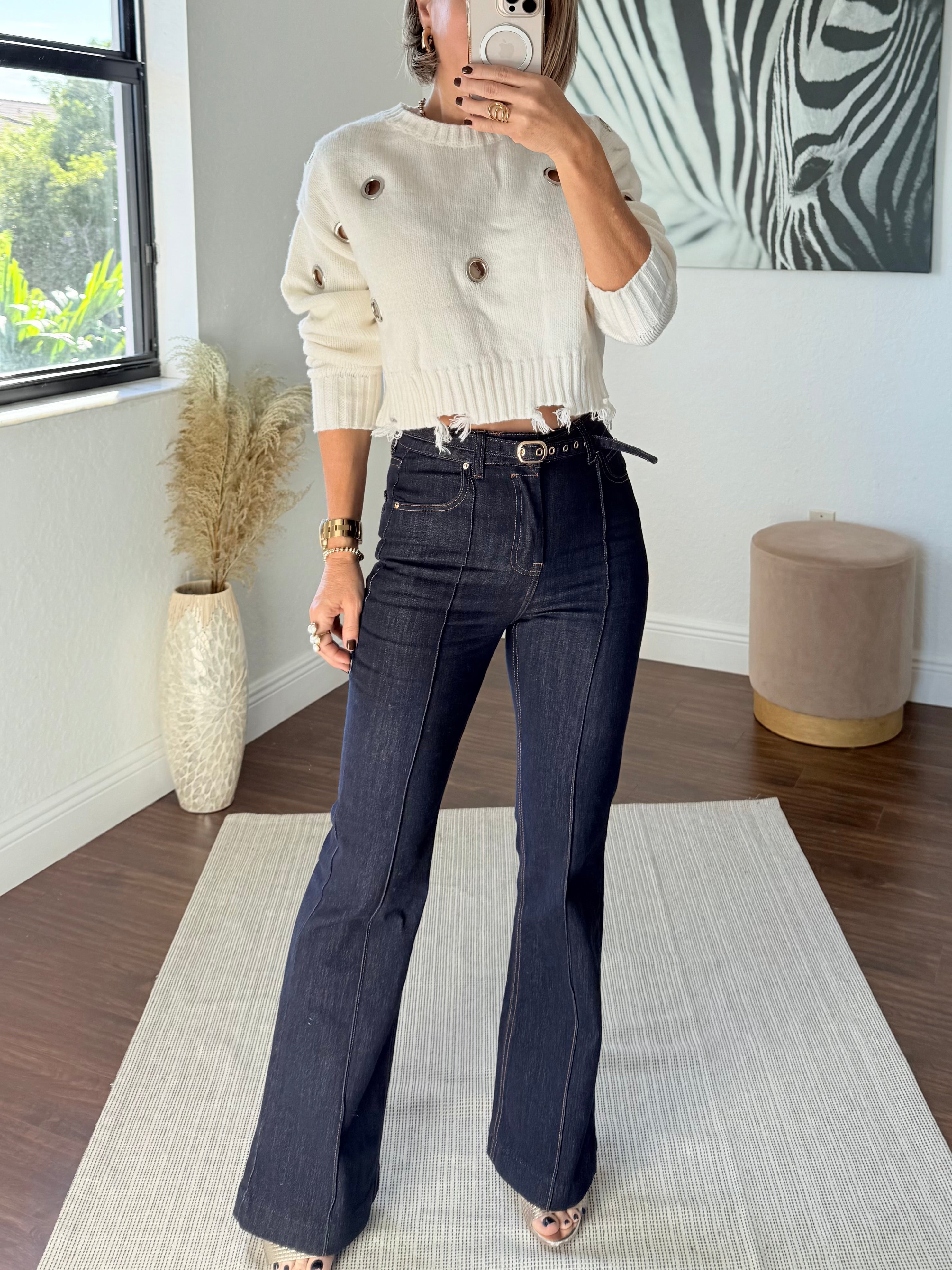 Edgy Silver Eyelet Crop Sweater