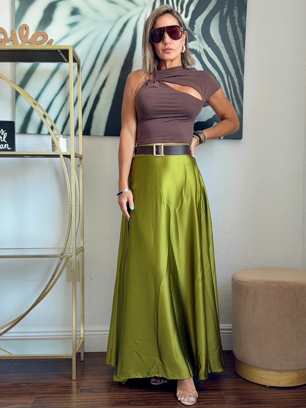 Long Satin Skirt with Decorative Belt
