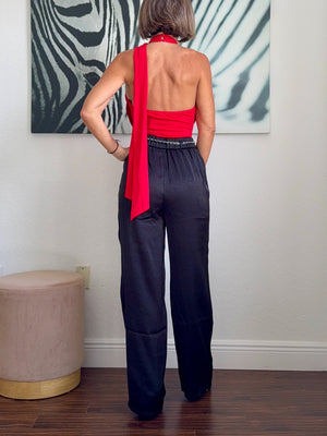 Red  Elegant Bodysuit with Unique Neckline Detail
