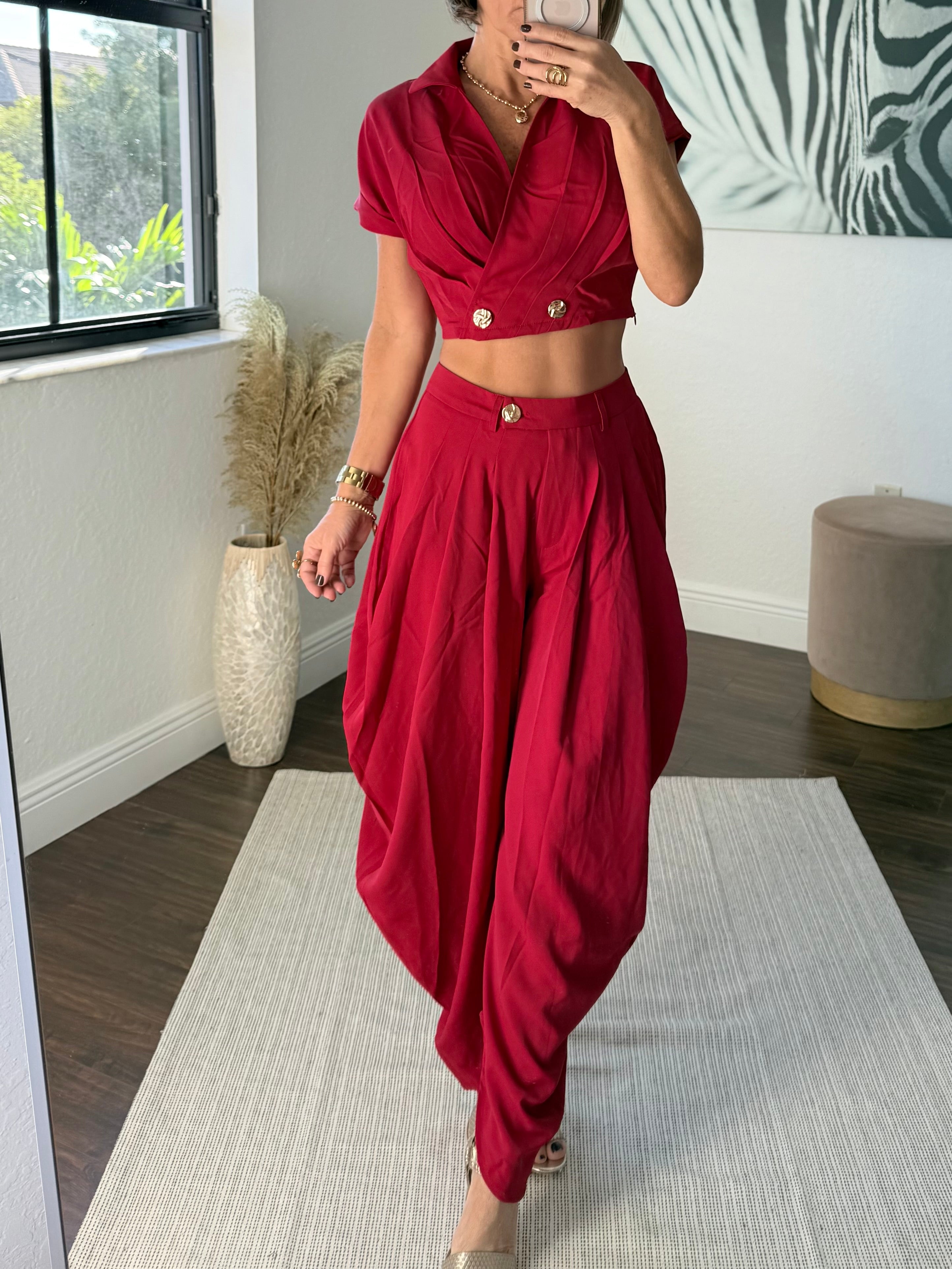 Red  Wide-Leg Jogger Pants with Modern Pleats and top set