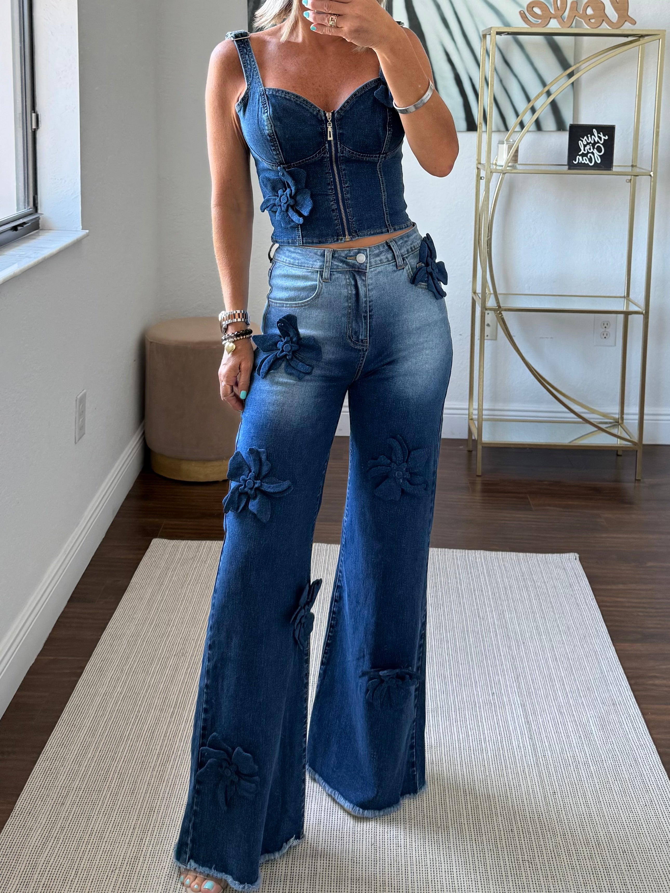 Dark blue Denim Set with Floral Touch & Modern Corset