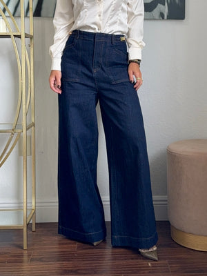 Chic Wide-Leg Classic BlueJean with Golden Details