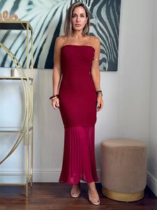 Burgundy Strapless Pleated Dress