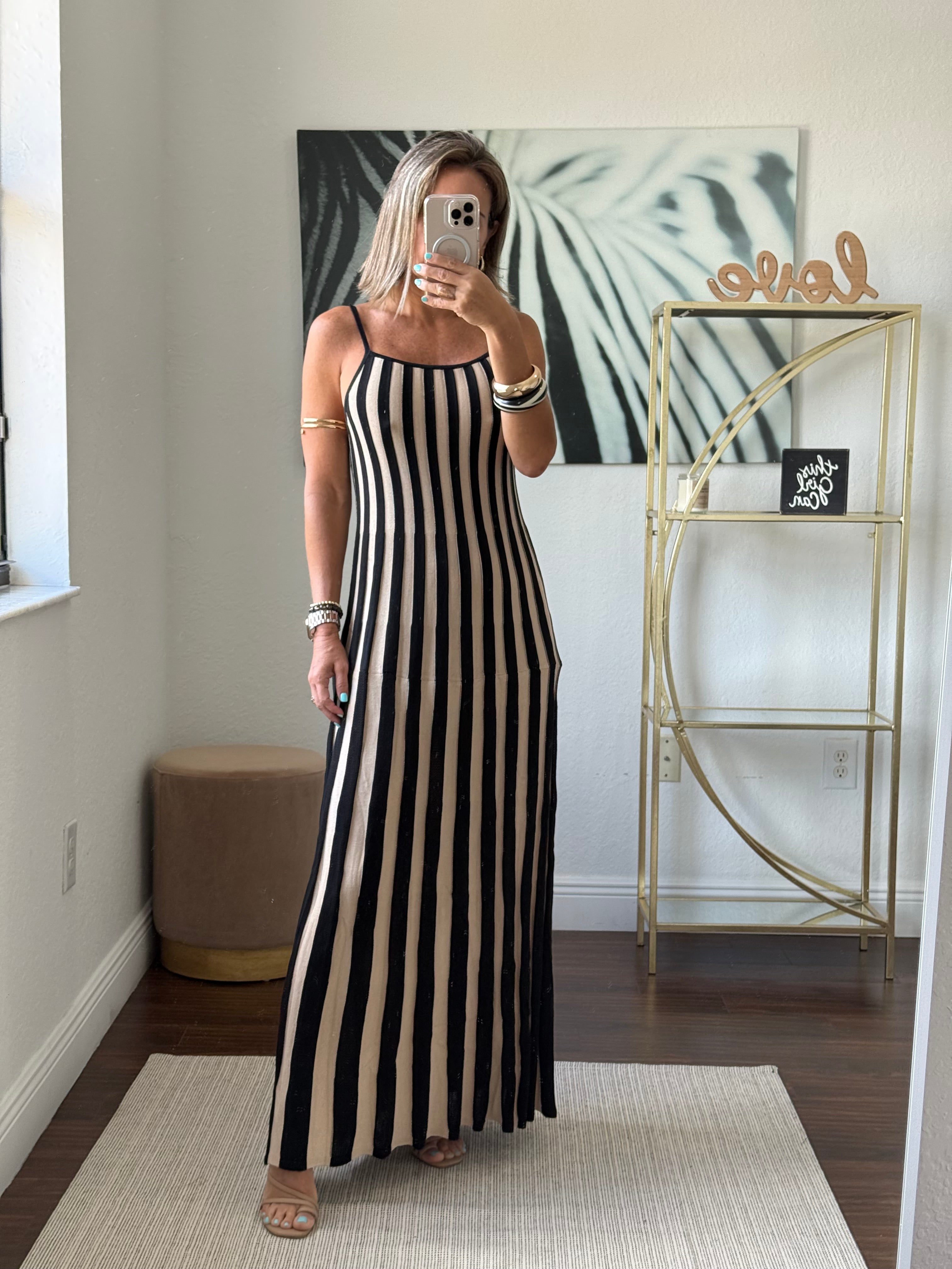 Long Knit Stripe Dress Black & Nude – Chic & Versatile