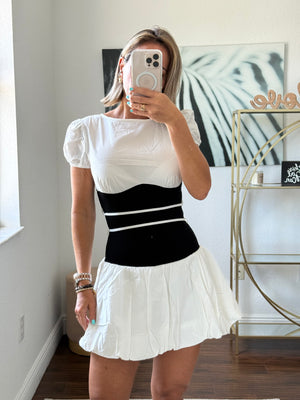 Black & White Two-Tone Dress with Waistband and Balloon Skirt