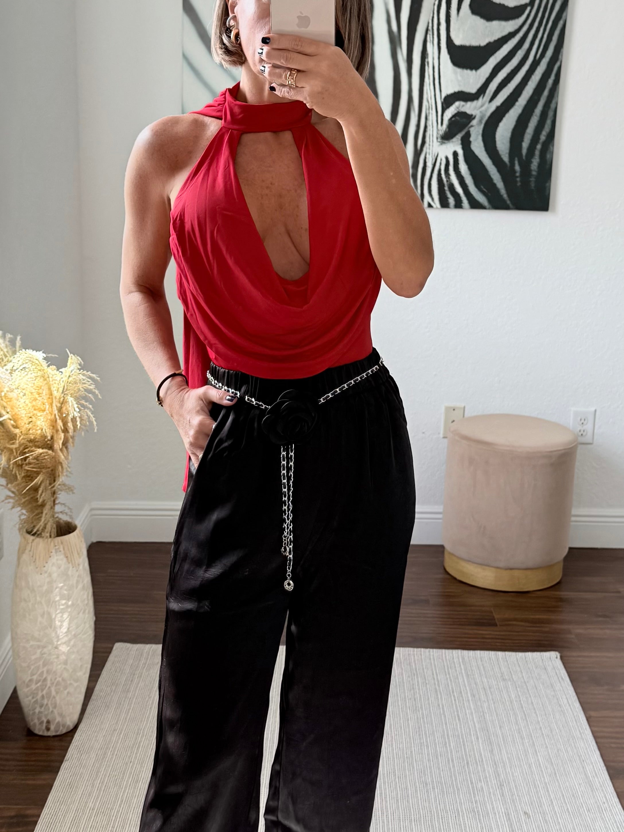 Red  Elegant Bodysuit with Unique Neckline Detail