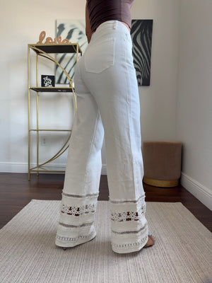 White Denim Pants with Rhinestone Hem