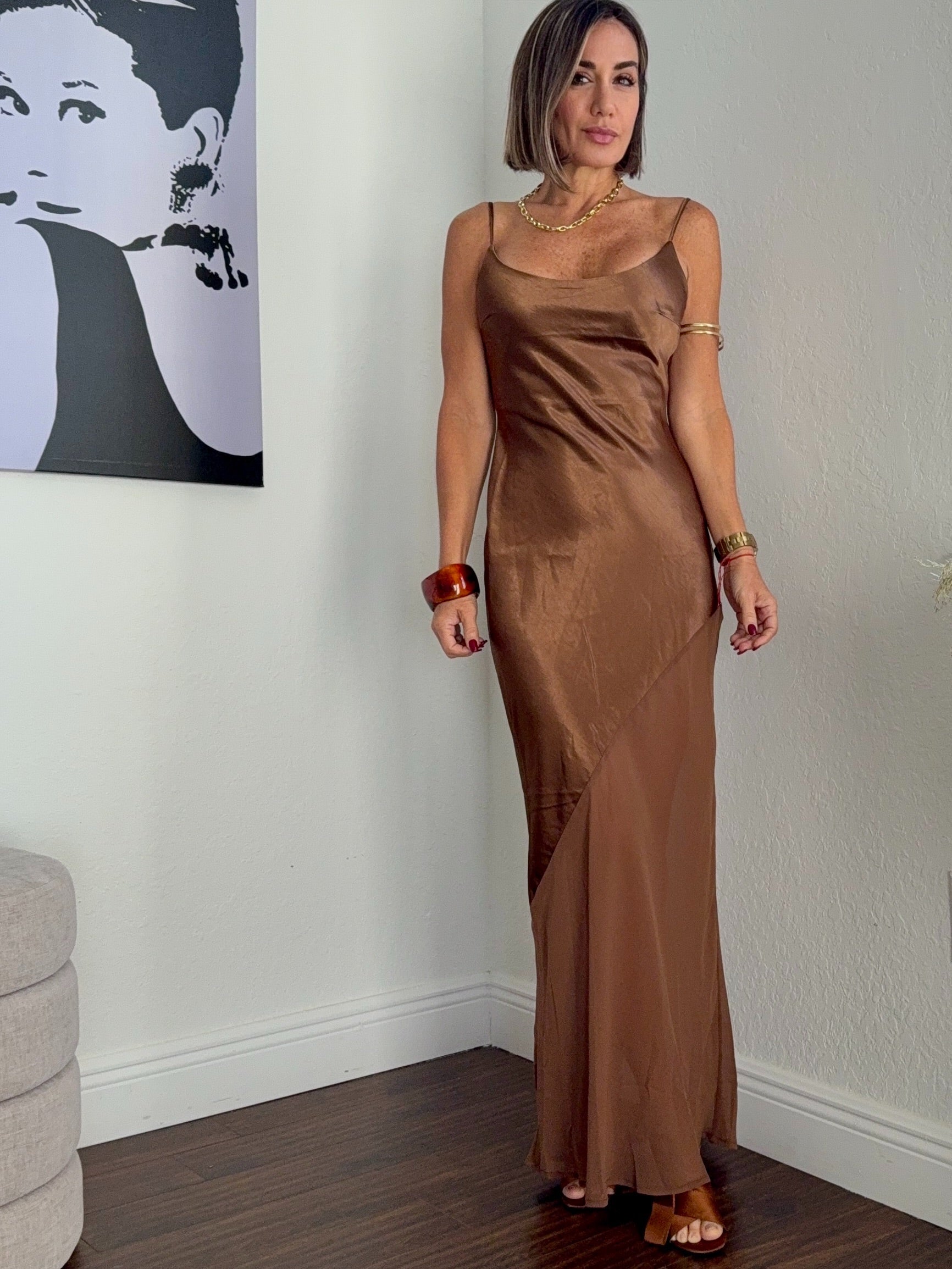 “Brown Satin Asymmetric Dress with Sheer Tulle Glow”