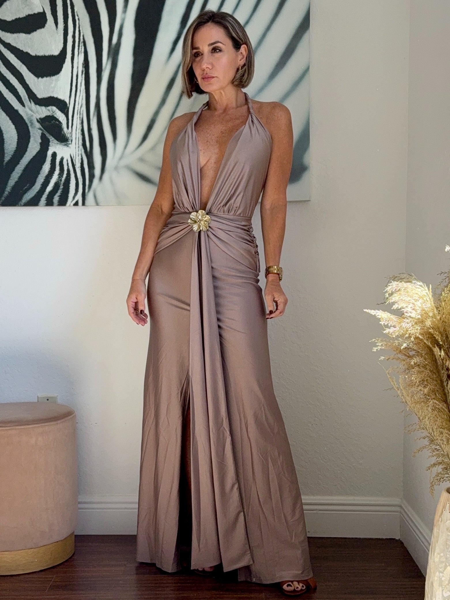 Champagne Long Dress with Golden Flower – Party Glam ✨