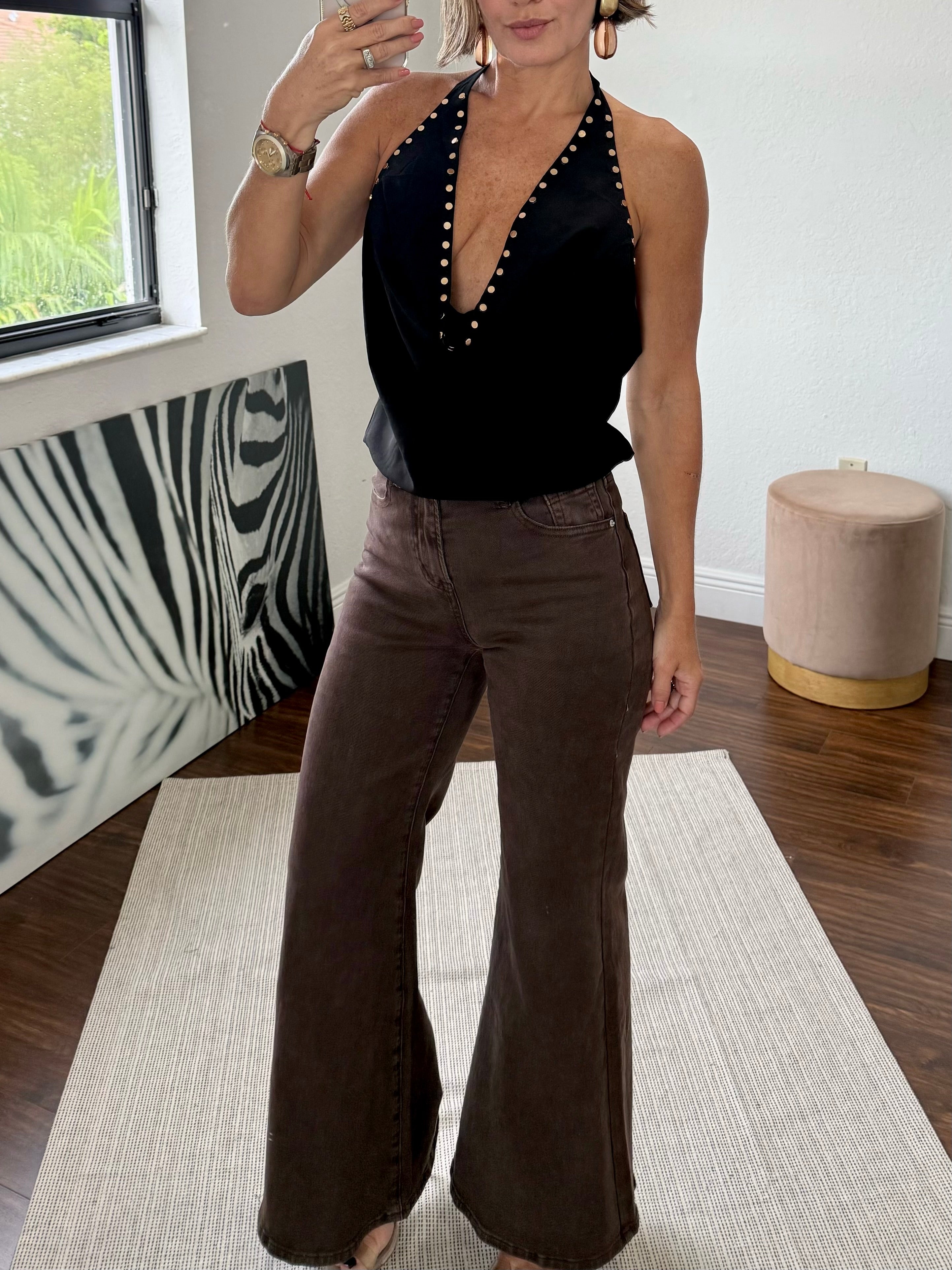 Black Dressy Top with Ruffled Neckline and Studs