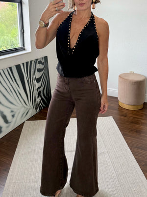 Black Dressy Top with Ruffled Neckline and Studs