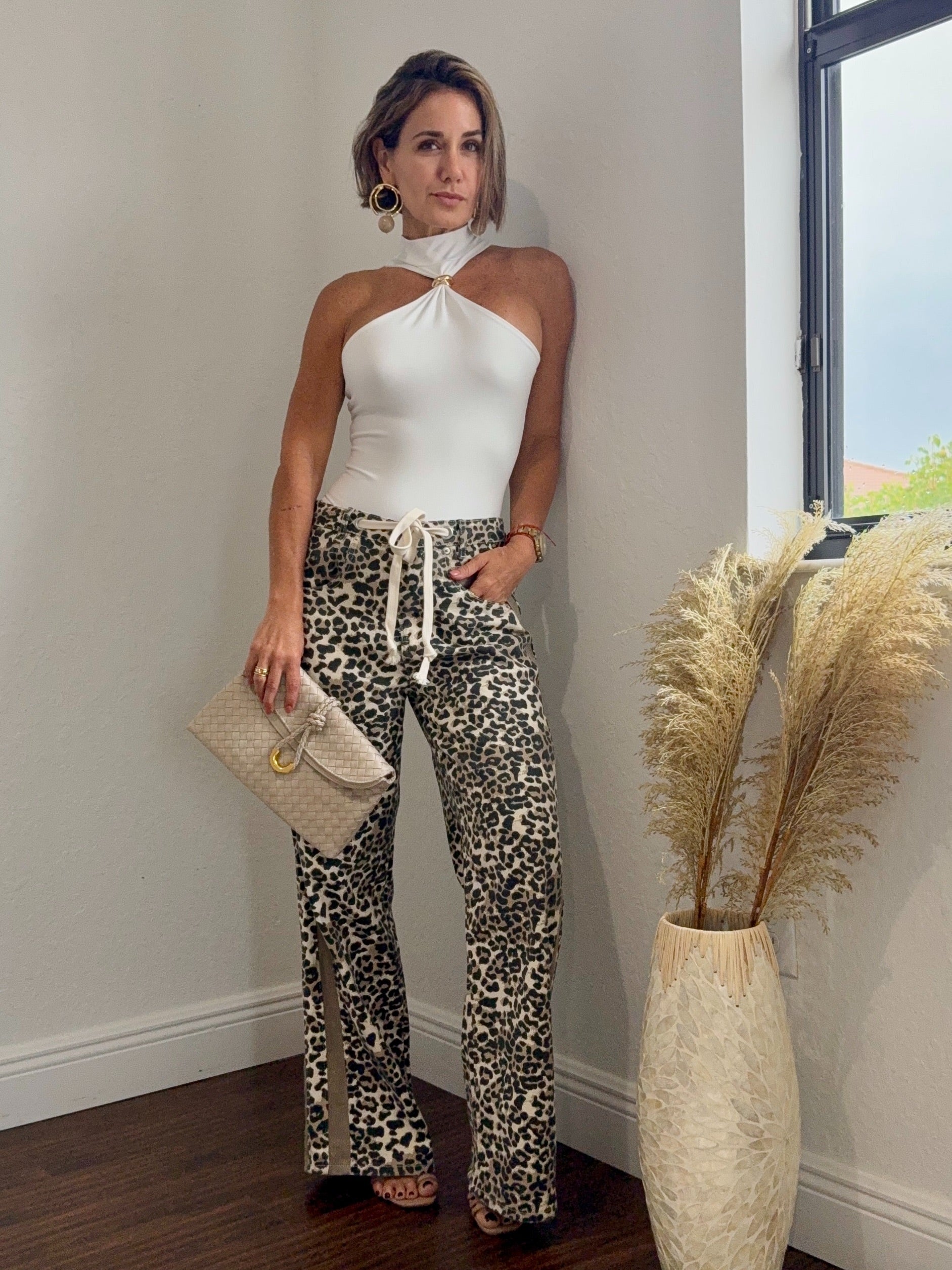White  mouse Lycra Bodysuit with Gold Front Detail