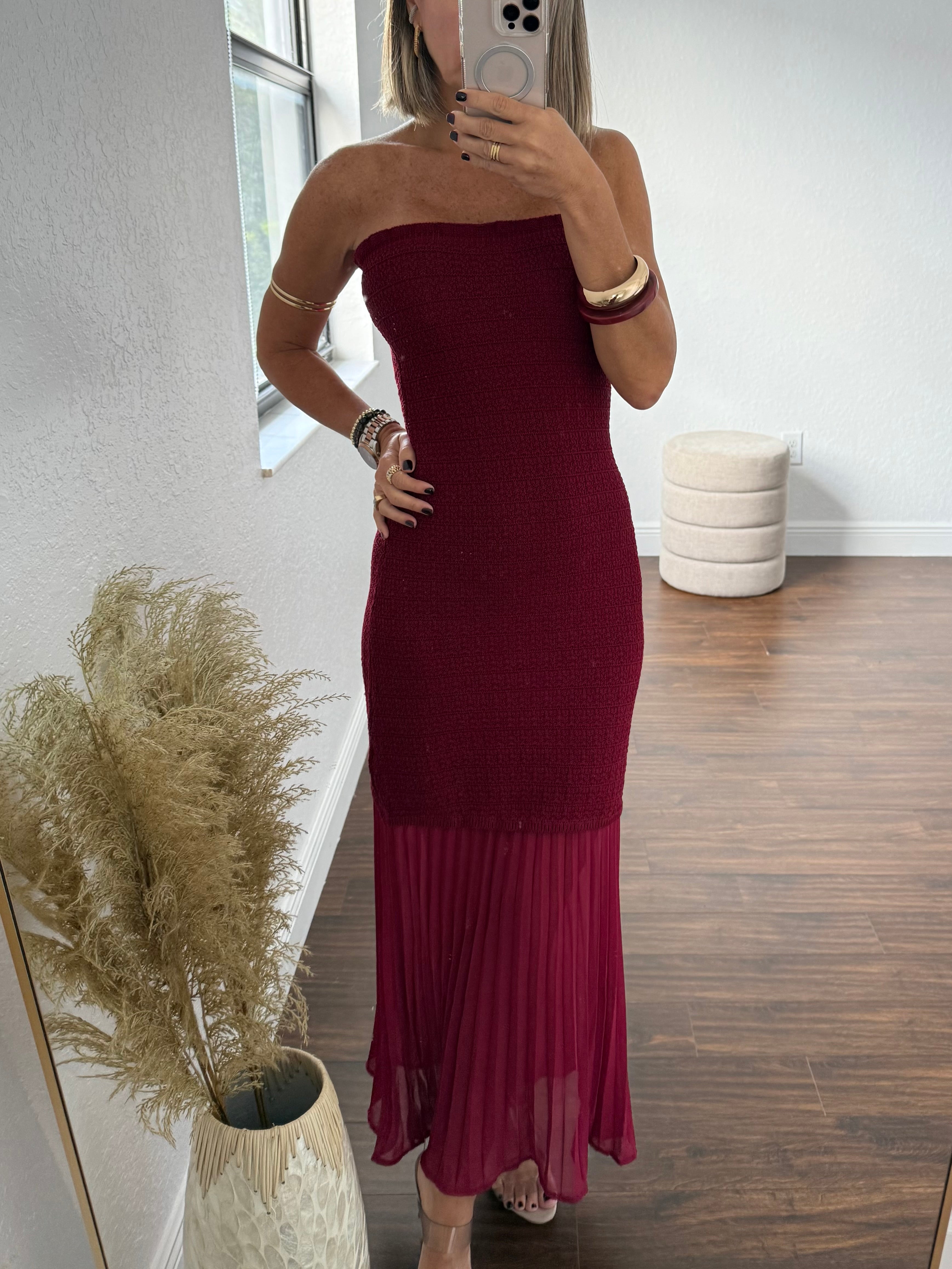 Burgundy Strapless Pleated Dress