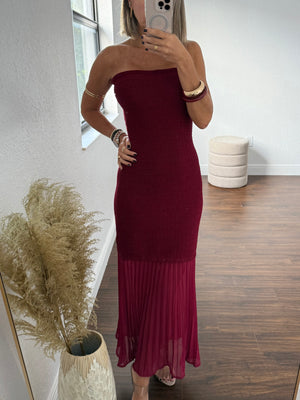 Burgundy Strapless Pleated Dress