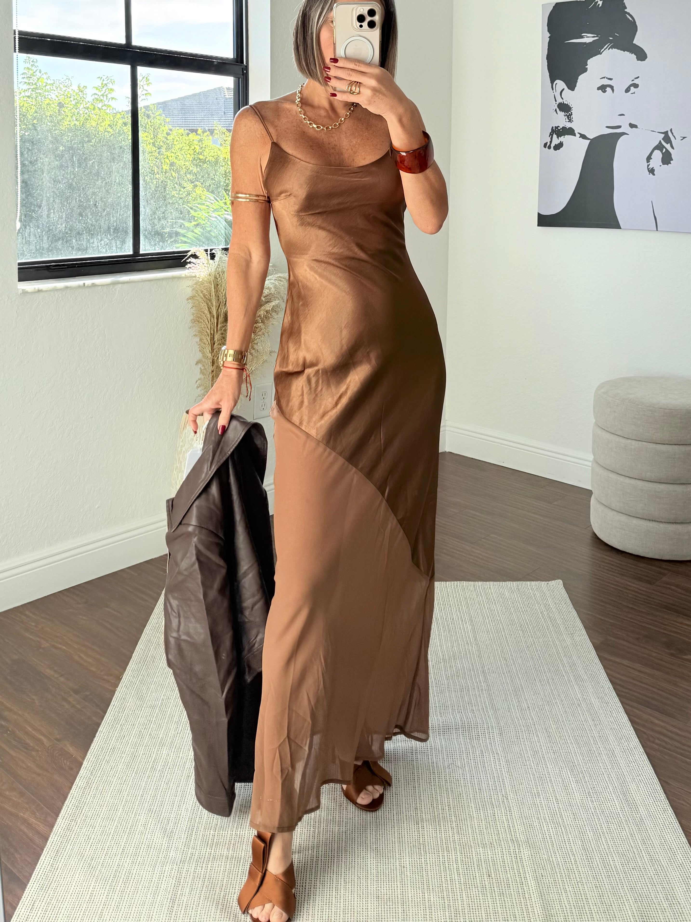 “Brown Satin Asymmetric Dress with Sheer Tulle Glow”