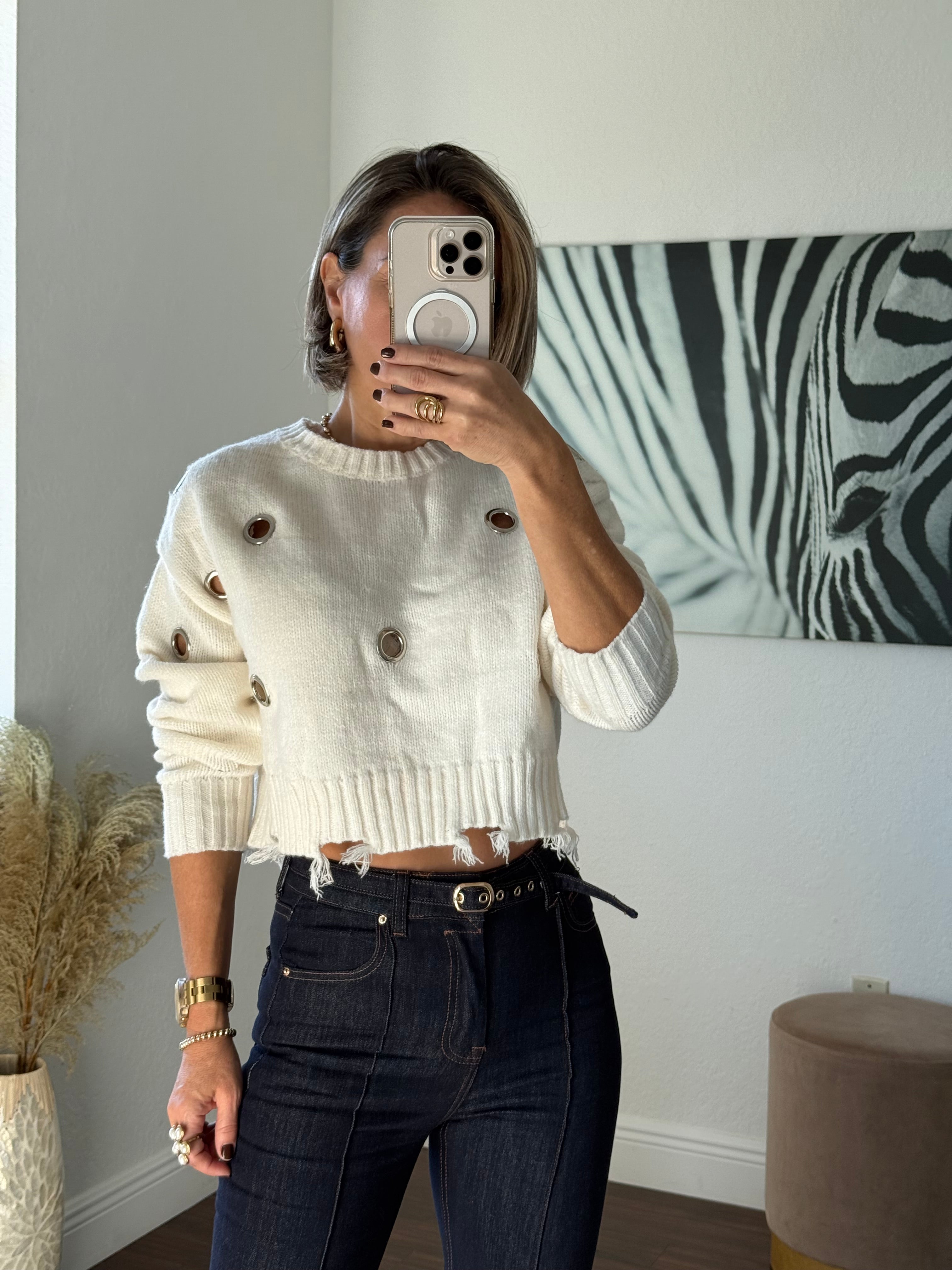 Edgy Silver Eyelet Crop Sweater