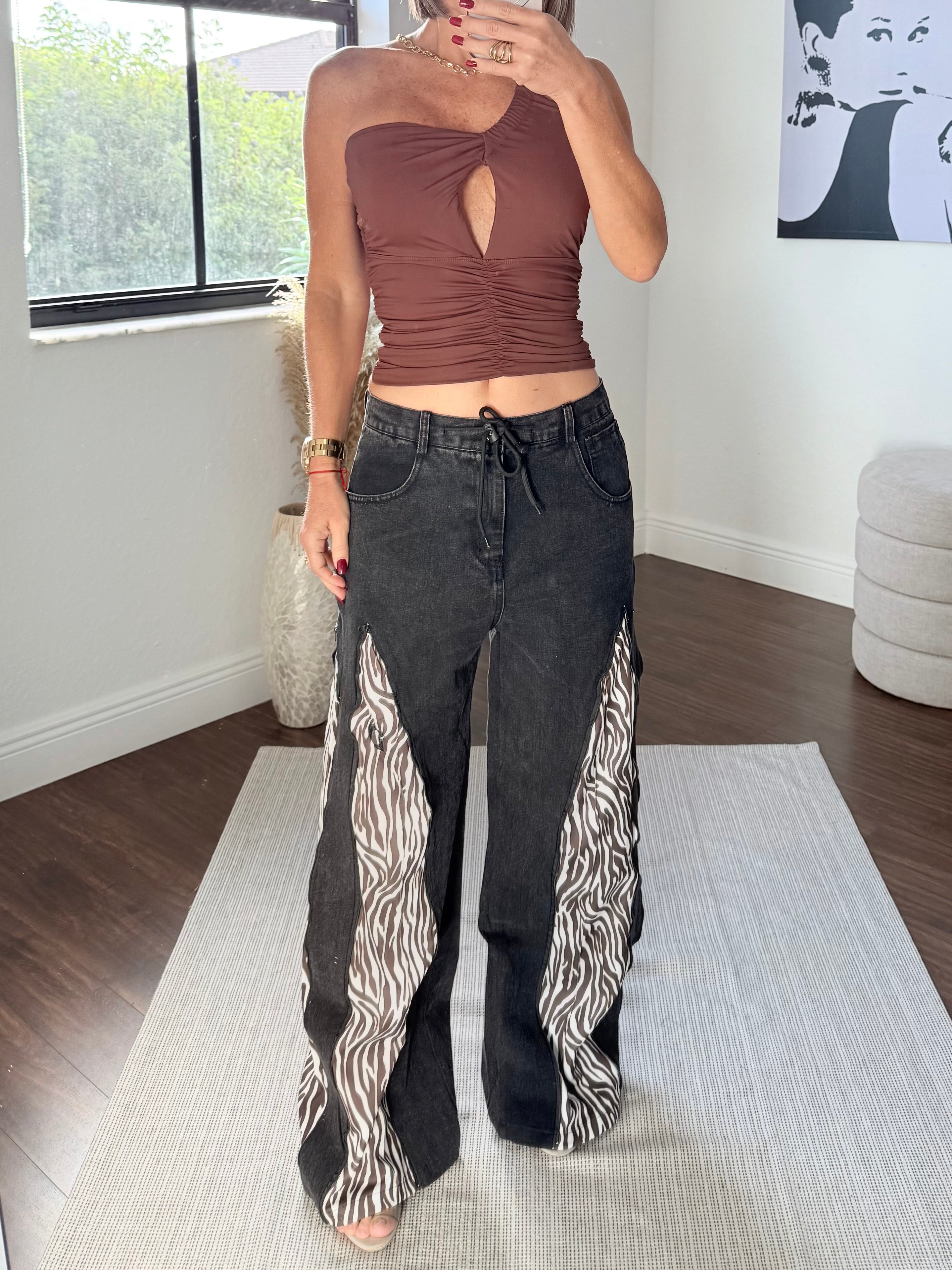 Transformable Black Jeans with Zebra Zip-Off Panels