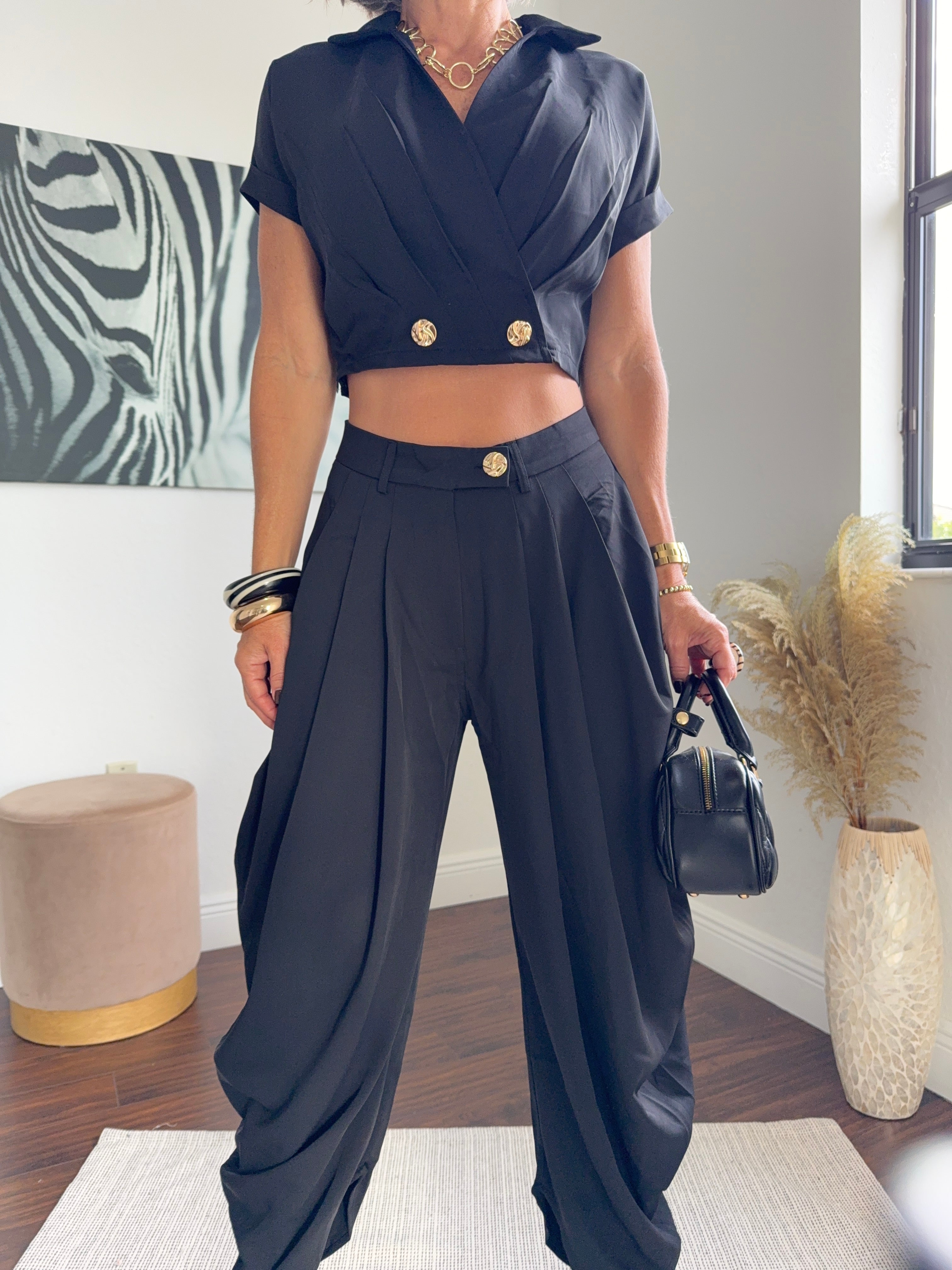 Black  Wide-Leg Jogger Pants with Modern Pleats and top set