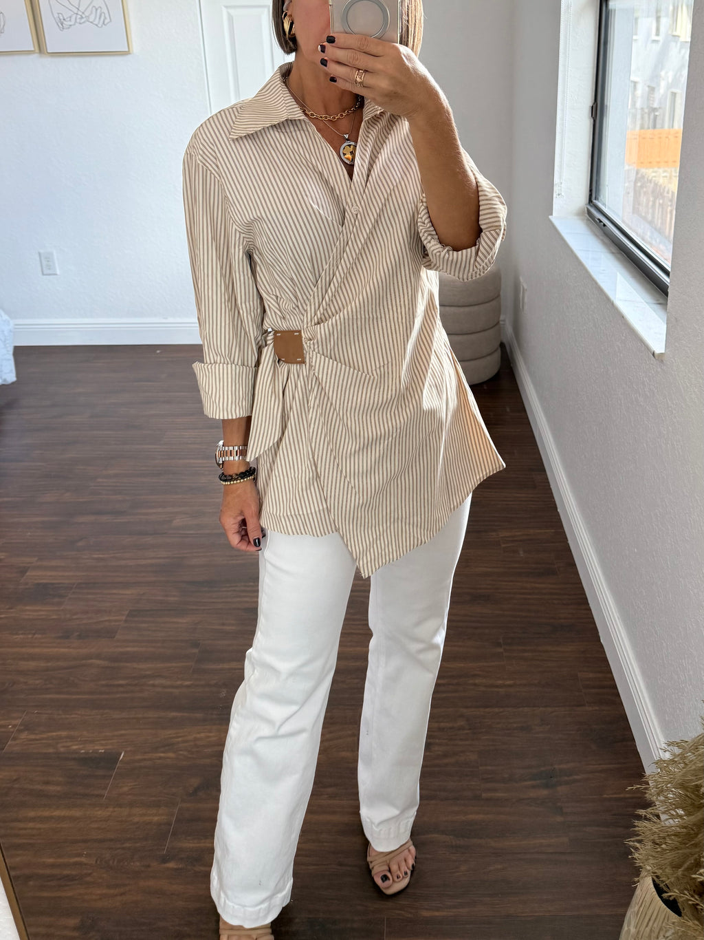 Striped Wrap Blouse with Leather Detail