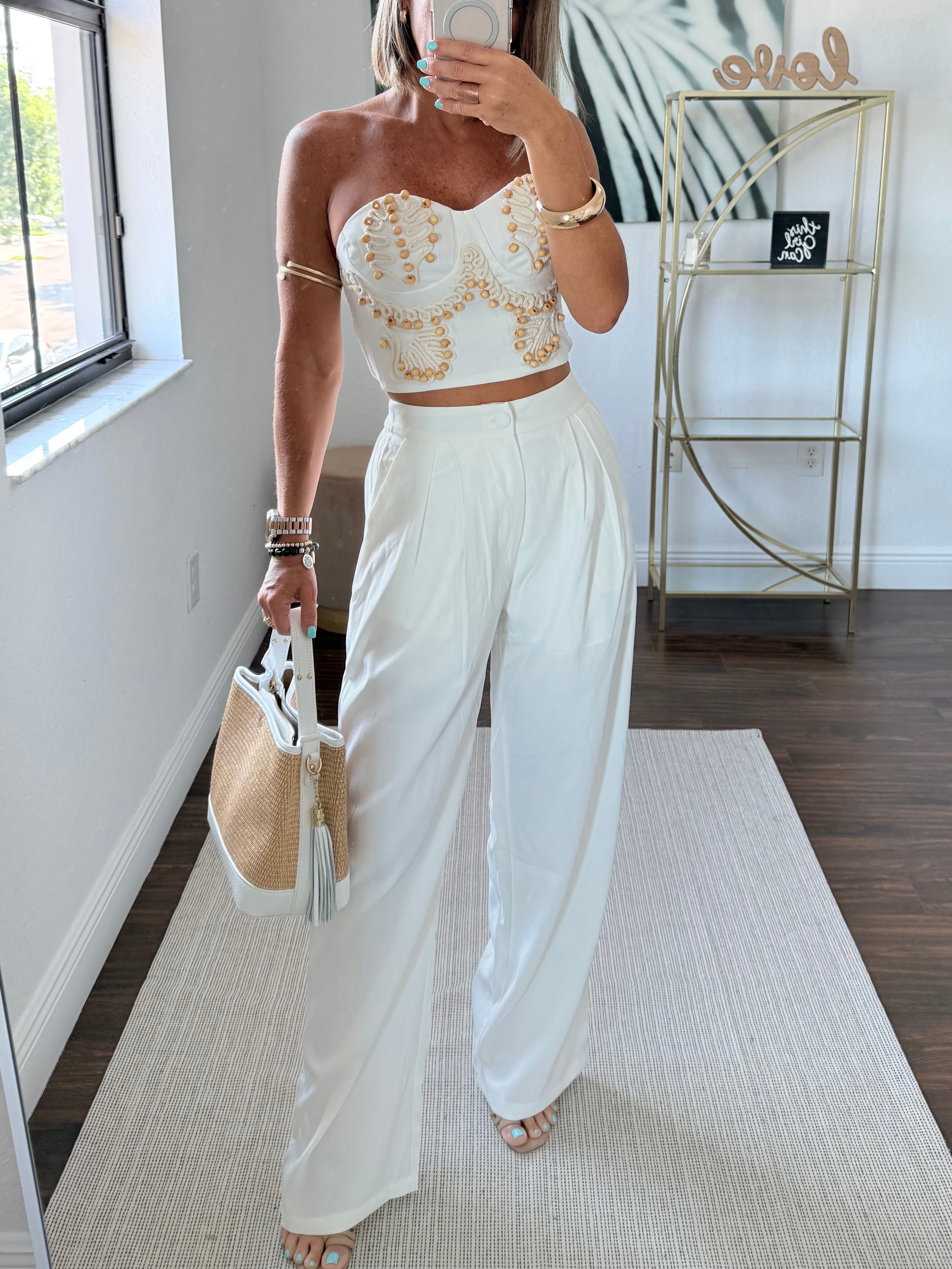 Strapless Corset & Pant Set with Embroidery and Wooden Details – White Elegance