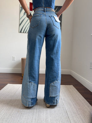 Wide leg  Sculpt Flare – Two-Tone Stretch Denim with Boot Pocket Detail”