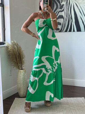 Metal trim halter neck maxi   dress
