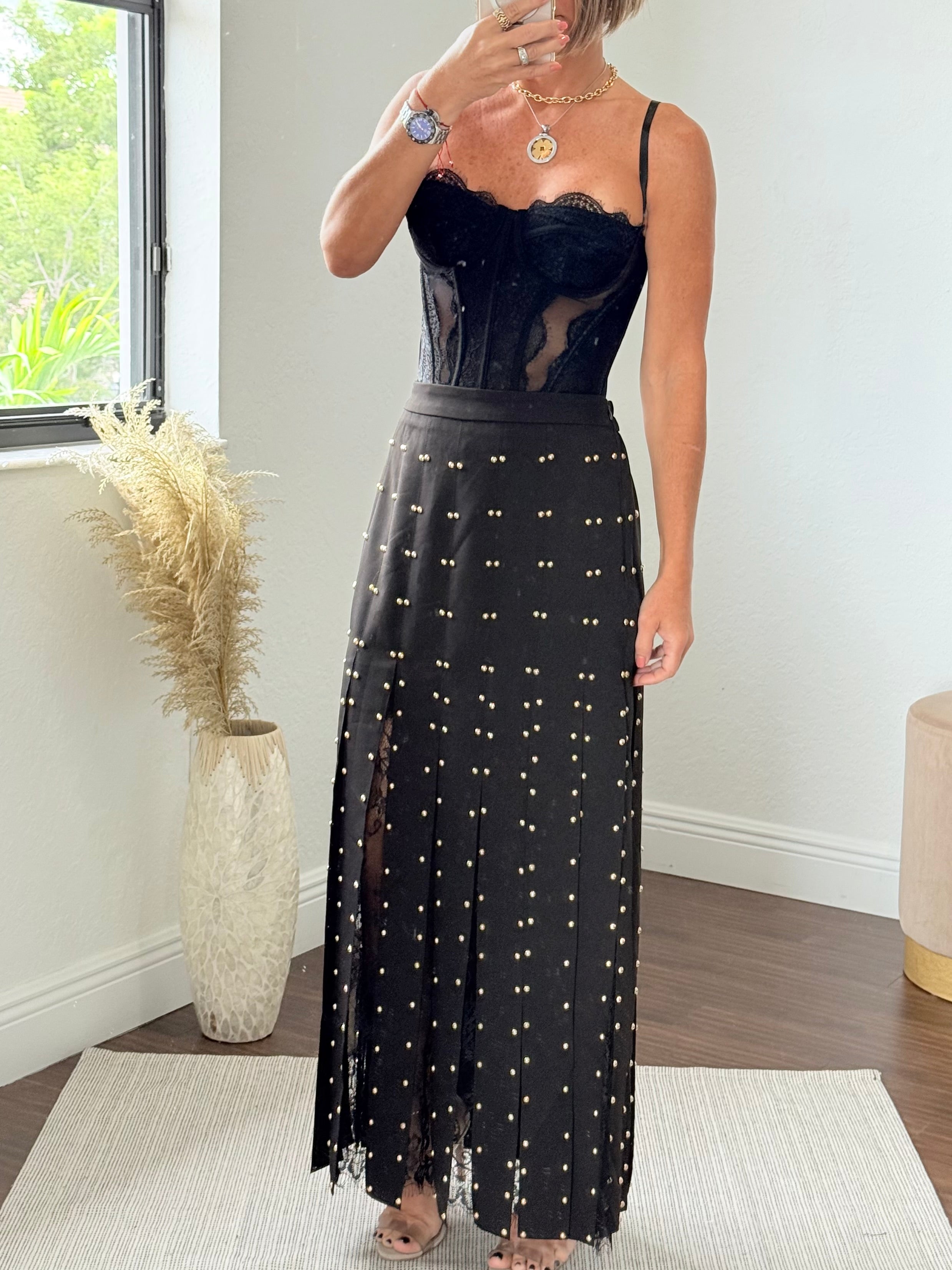 Maxi Skirt with Lace & Studs