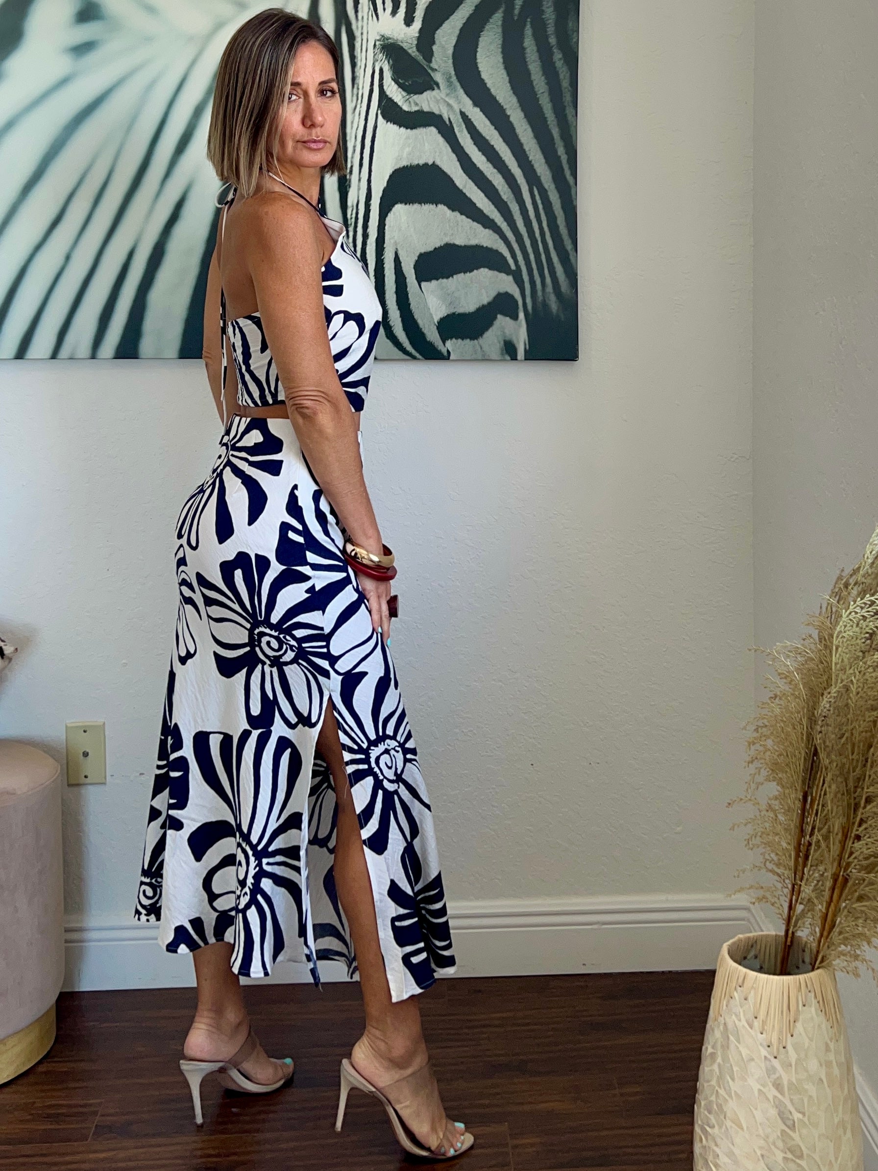 Navy blue   rose  skirt set