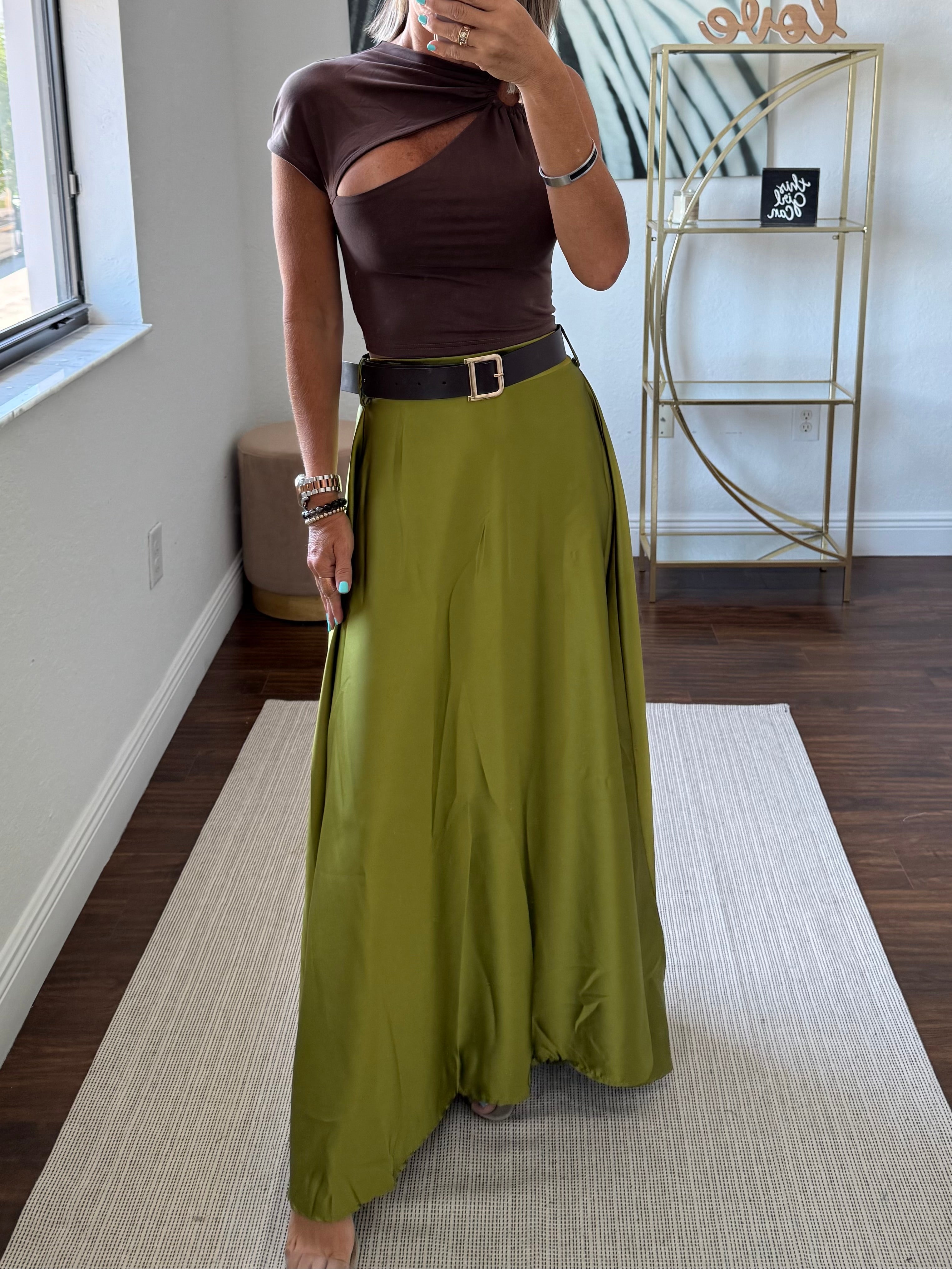 Long Satin Skirt with Decorative Belt