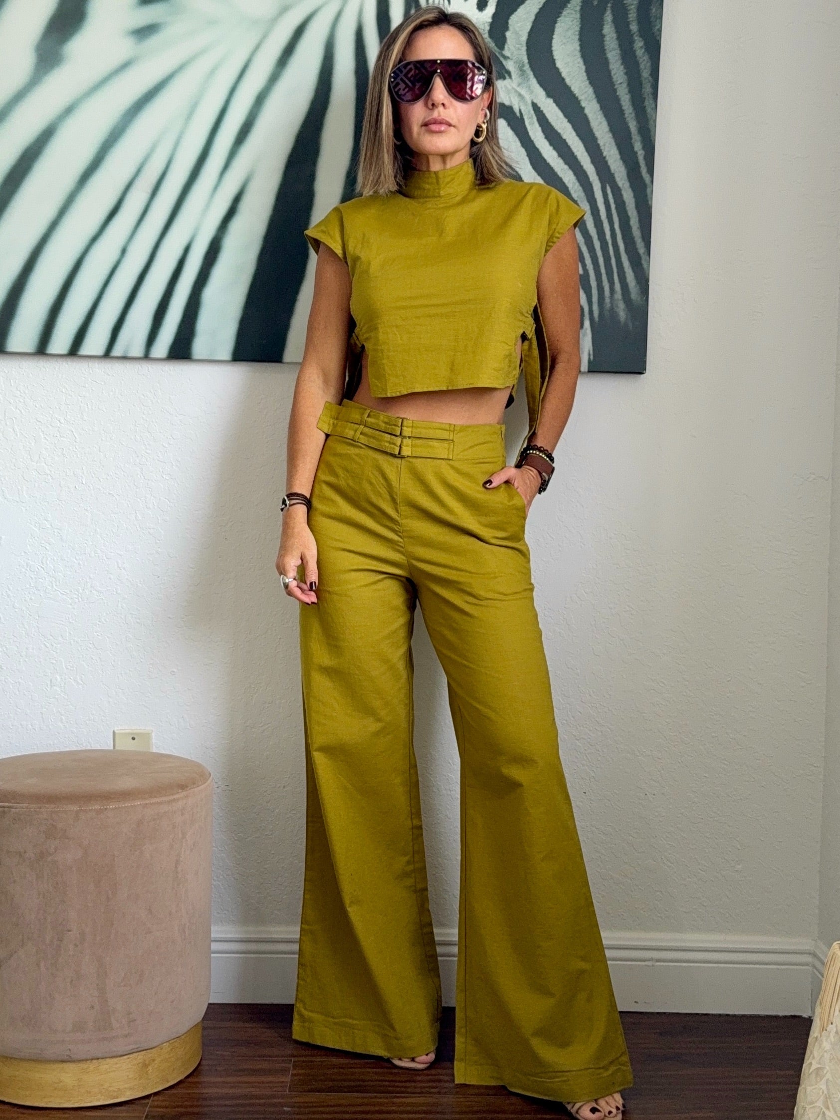 Pistachio Green Linen Set – High-Neck Top & Pants