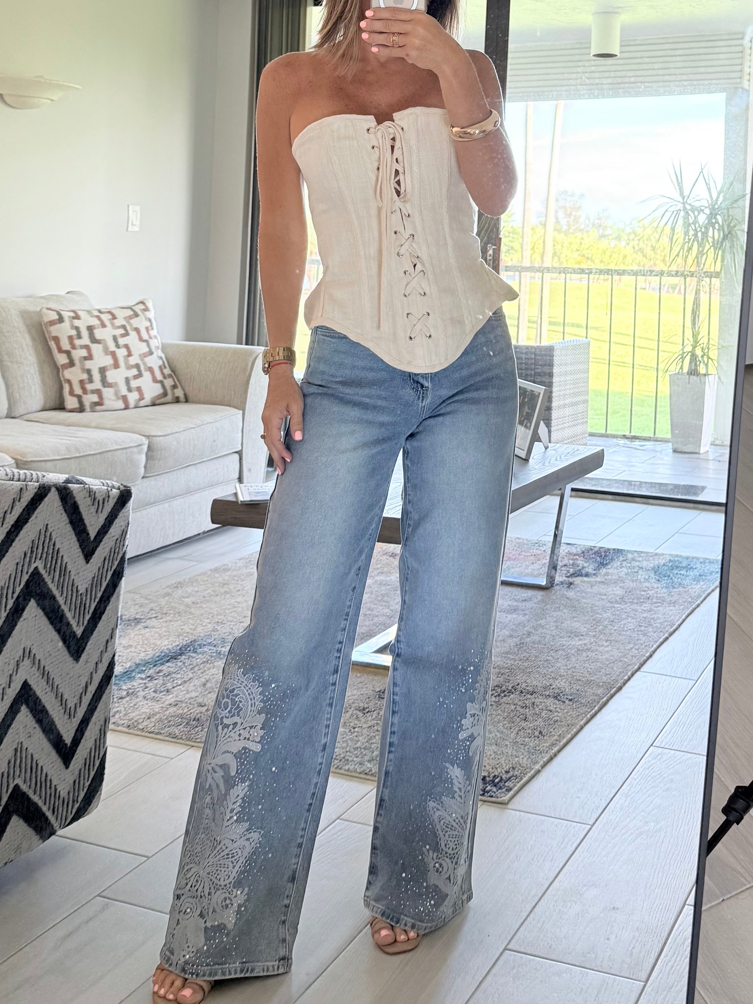 Cream long  strapless corse top