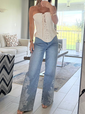 Cream long  strapless corse top