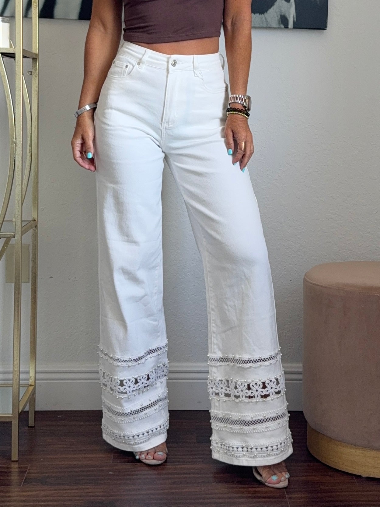 White Denim Pants with Rhinestone Hem