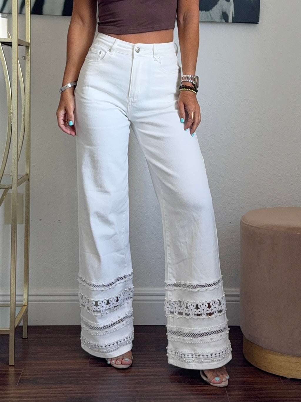 White Denim Pants with Rhinestone Hem
