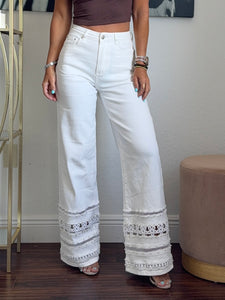 White Denim Pants with Rhinestone Hem