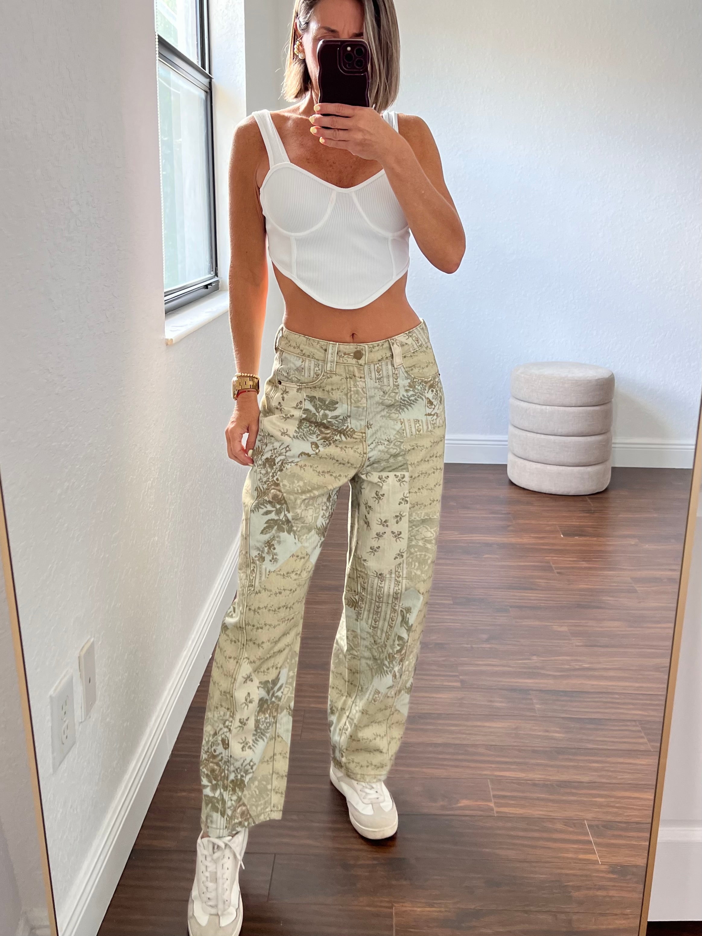 Green floral   barrel jeans
