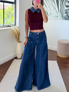 Sleeveless Sweater Top with Denim Neckline – Chic & Elegant